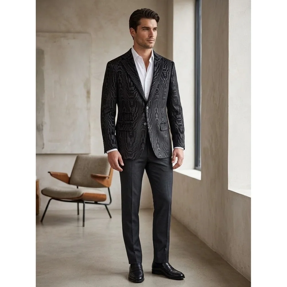 Tallia Orange Mens 40R Black Woodgrain Jacquard Blazer Slim Fit Sport Coat NWT